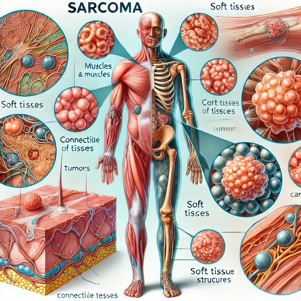 A detailed illustration representing sarcoma, a type of cancer, for educational purposes. The image shows various parts of the human body with a focus