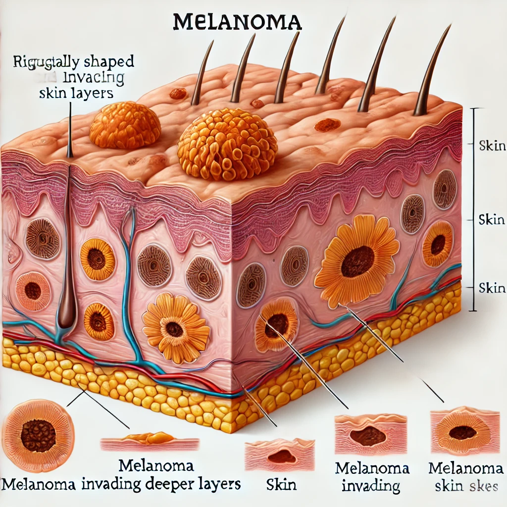 A detailed medical illustration of melanoma focusing on the progression of cancer in skin layers. The image shows irregularly shaped and colored mole