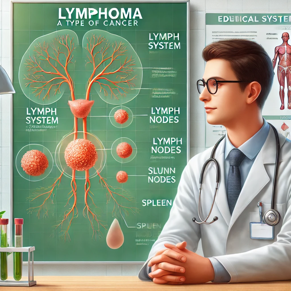 A medical illustration highlighting lymphoma a type of cancer. The image includes a detailed lymphatic system diagram with lymph nodes and the splee 1