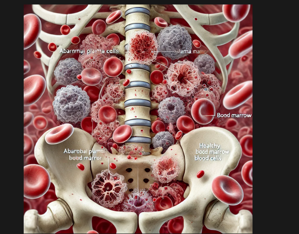 detailed medical illustration depicting Myeloma blood cancer, highlighting the condition in a visually educational format.