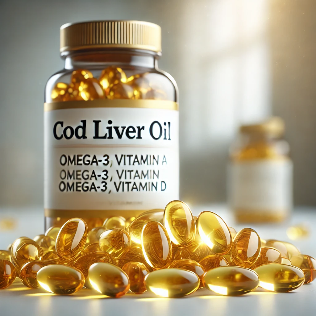 A close-up image of cod liver oil capsules, glowing with a golden-yellow hue, placed on a clean white surface with a bottle labeled 'Cod Liver Oil' in